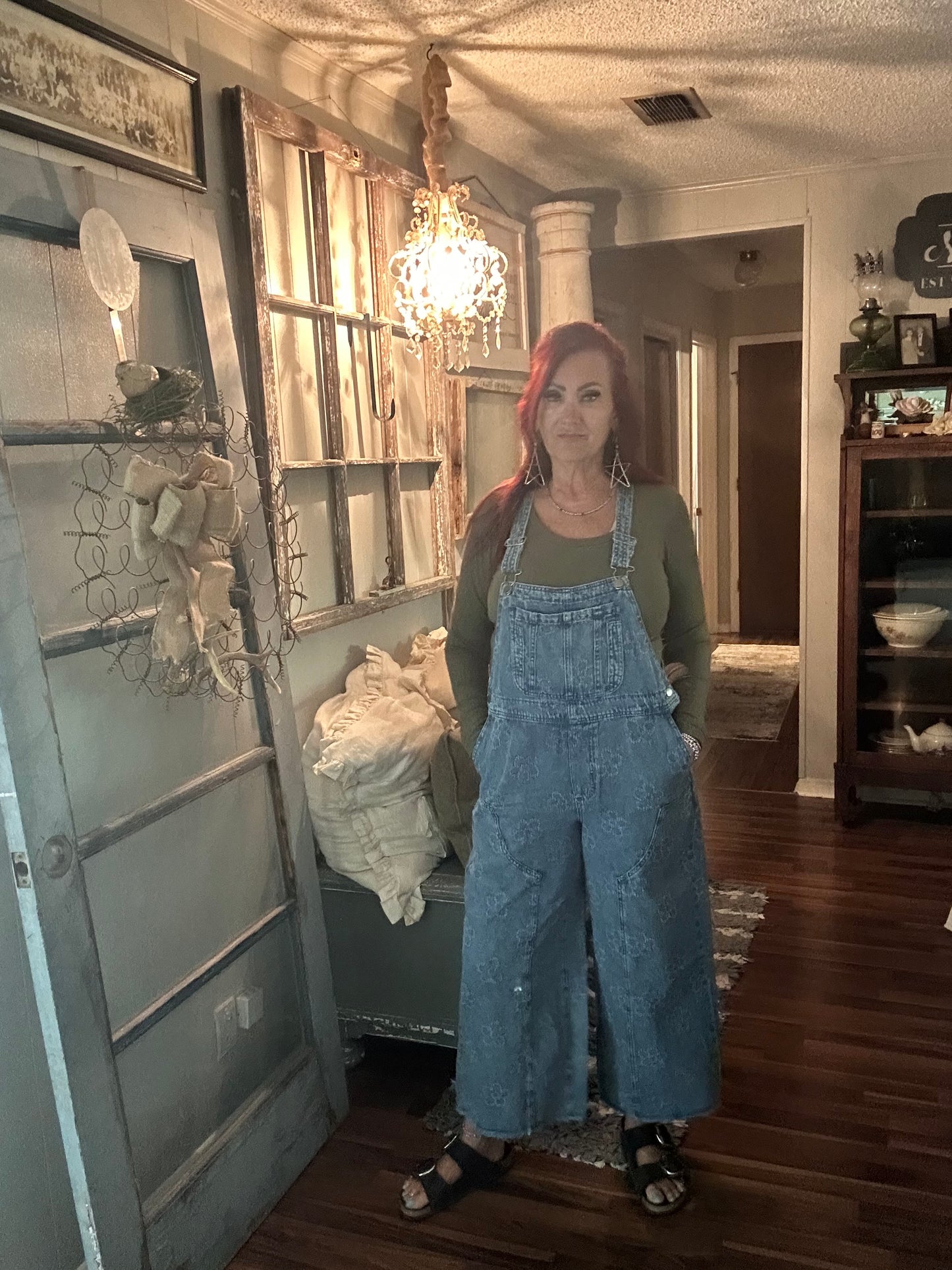 Easel Flower Denim Overalls
