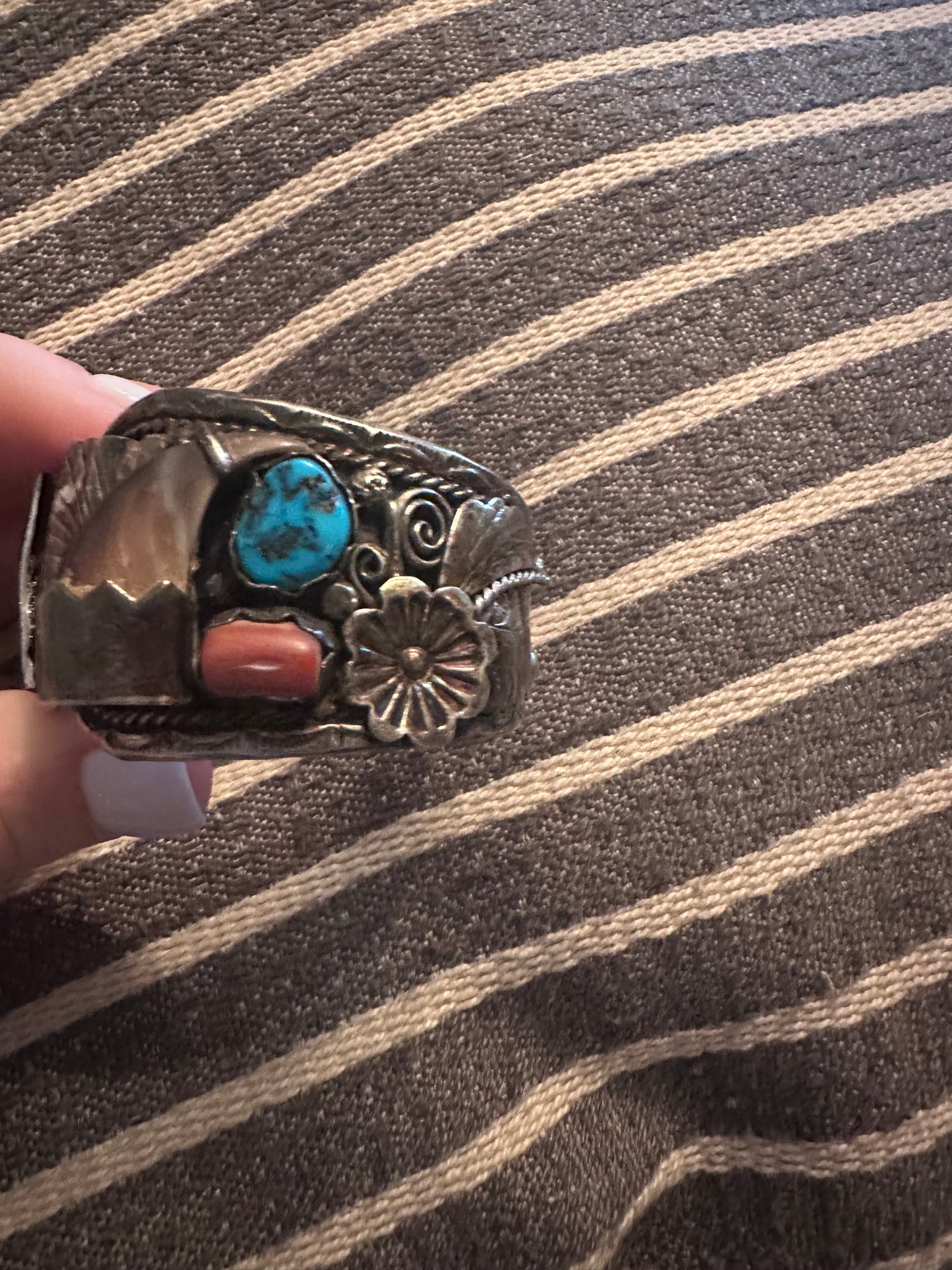 Turquoise and Coral sterling silver walking liberty cuff bracelet