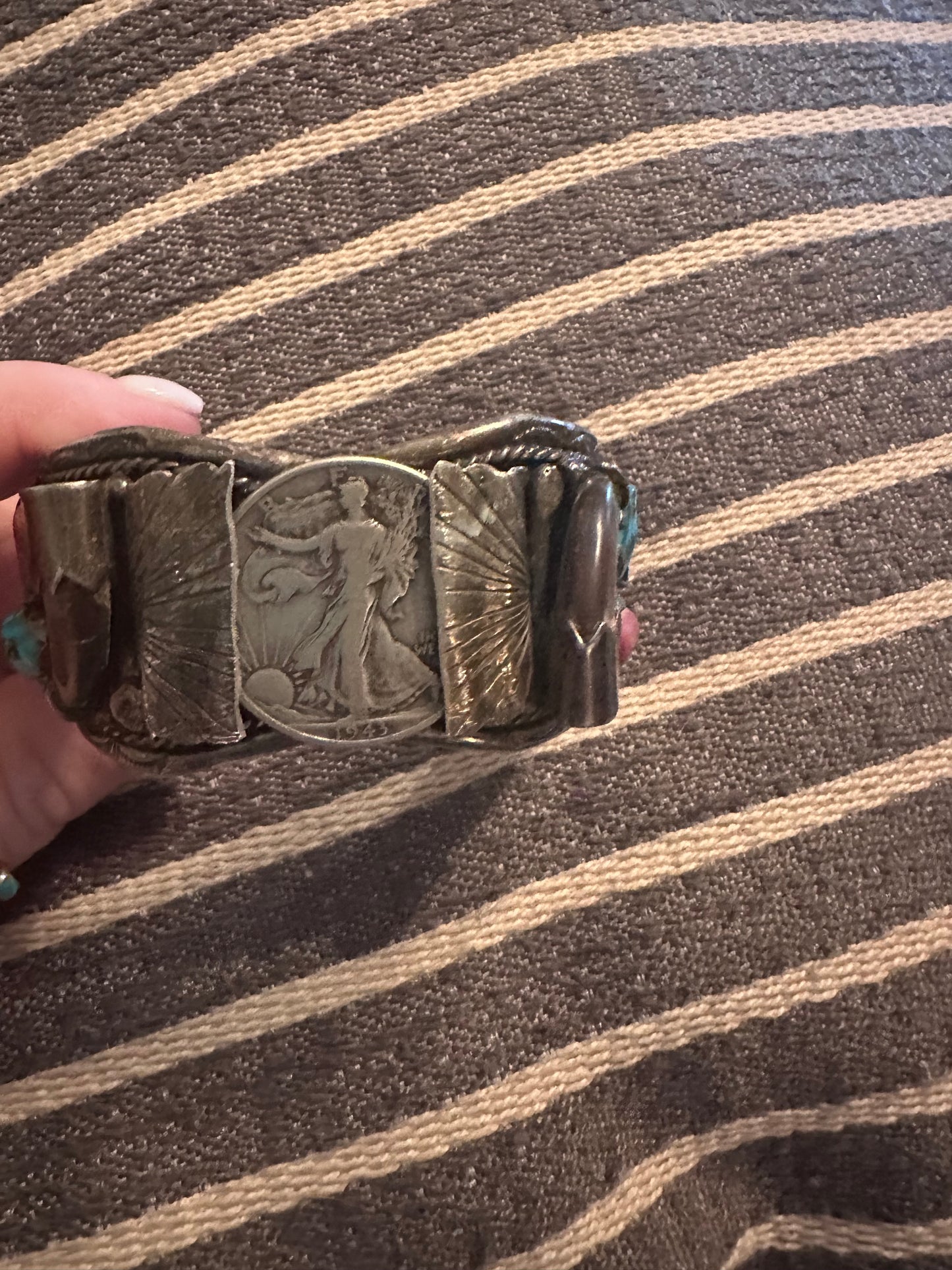 Turquoise and Coral sterling silver walking liberty cuff bracelet