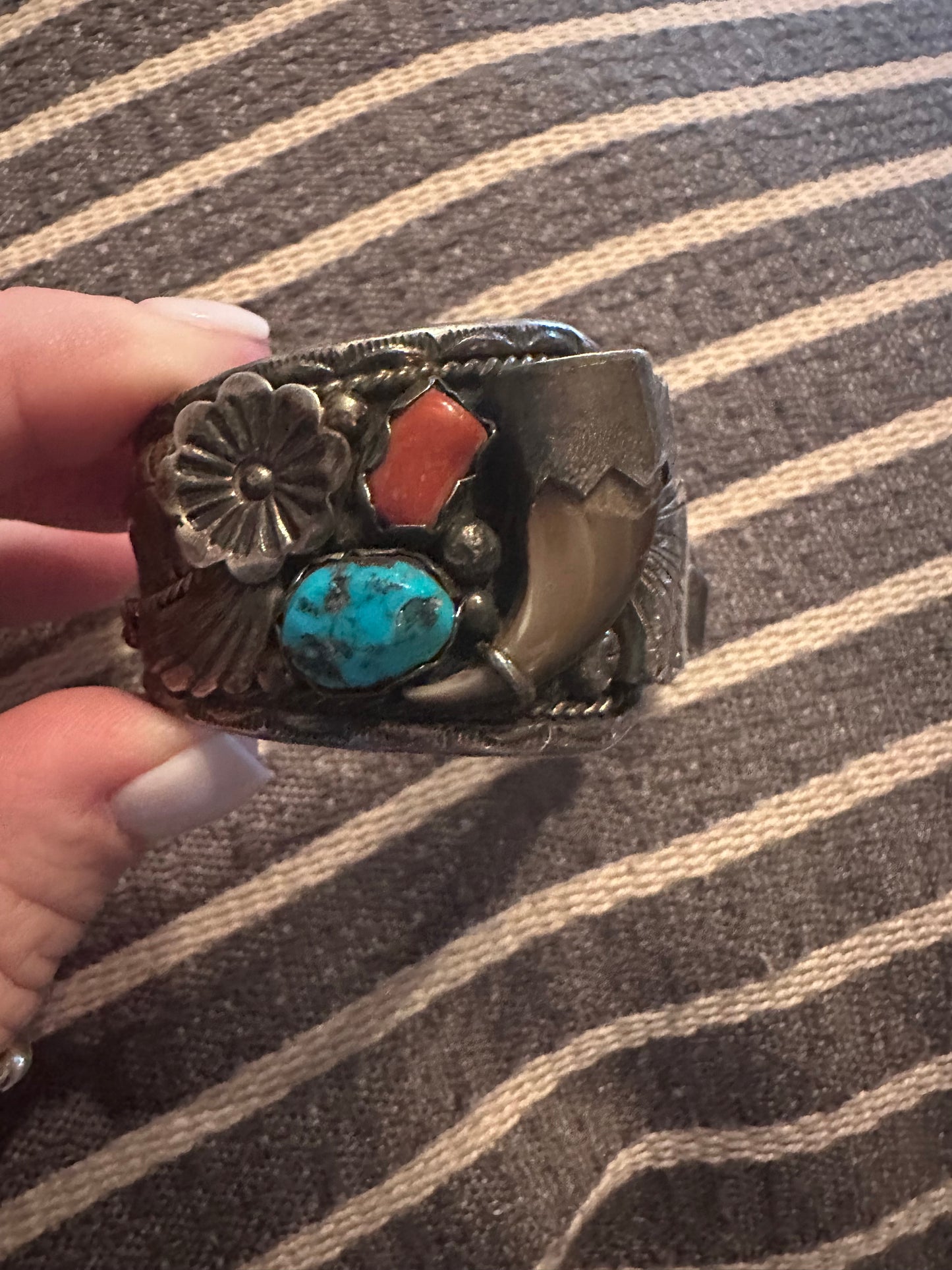 Turquoise and Coral sterling silver walking liberty cuff bracelet