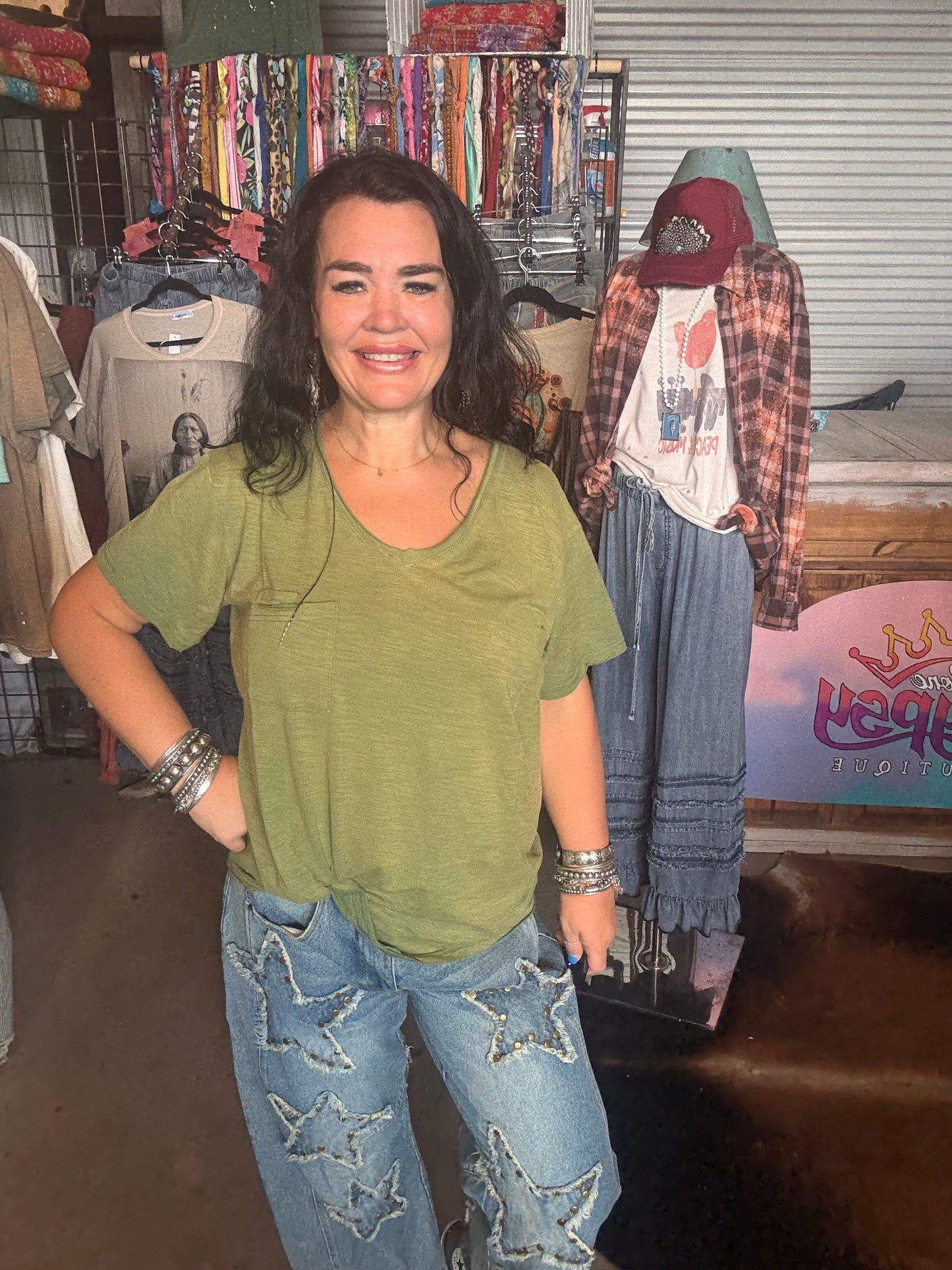 Moon Dance V-Neck Tee - Olive