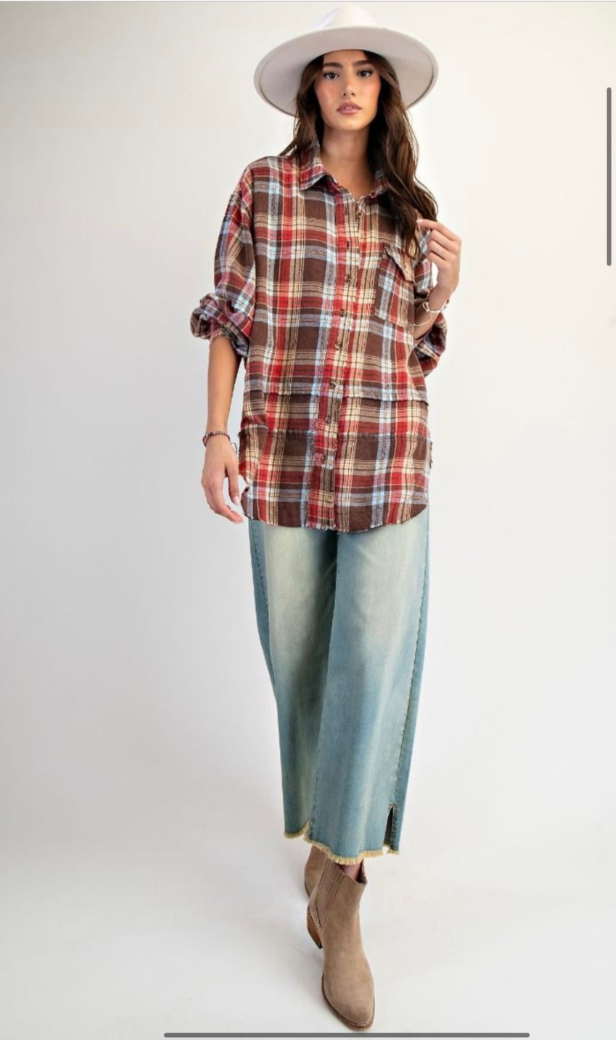 Mineral washed plaid shacket