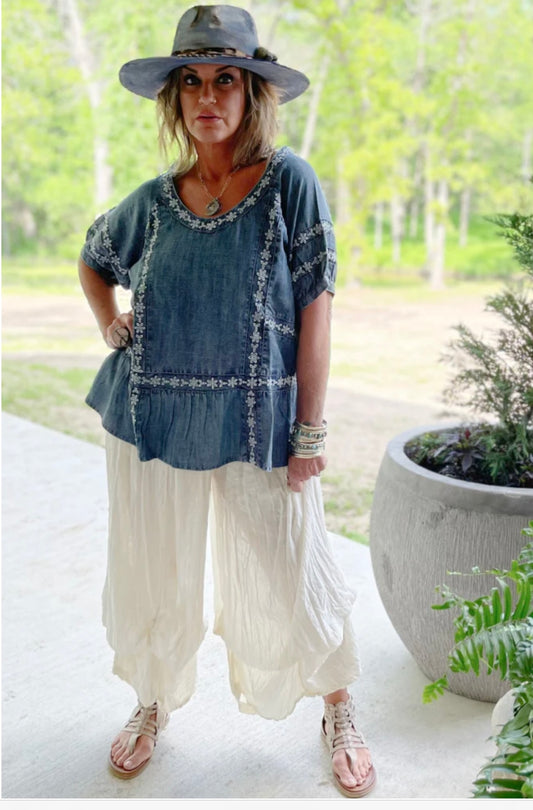 Patchwork Skies Embroidered Top