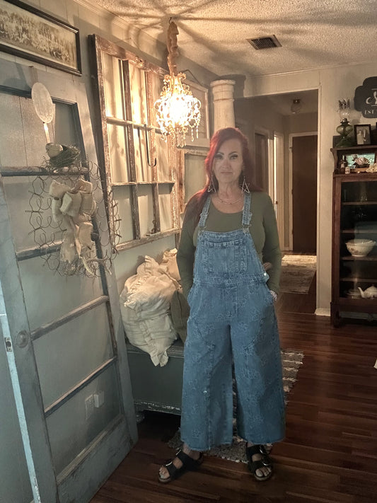 Easel Flower Denim Overalls